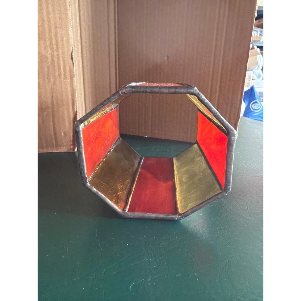 Vintage Stained Glass Octagon Candle Holder Orange Amber Slag Glass Planter